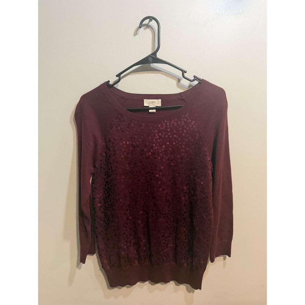 LOFT Ann Taylor Burgundy Sequin Front 3/4 Sleeve Knit Sweater‎ Maroon Womens XS